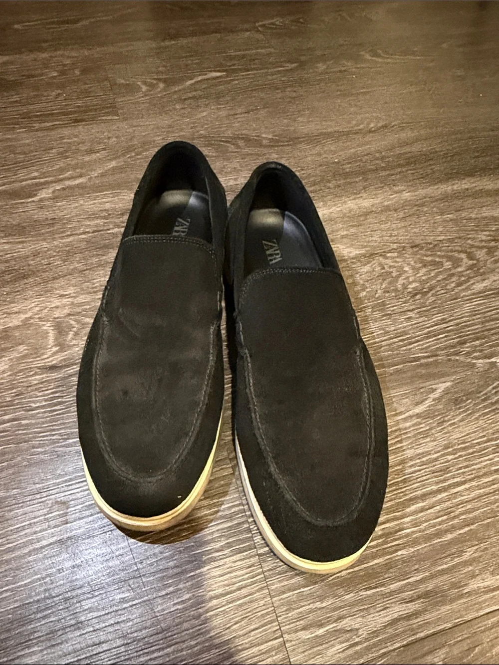 Zara Black Suede Slip-On Loafers with Tan Outsole